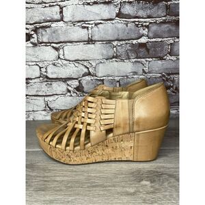 Chocolat Blu Web Tan Leather Woven Cork Wedge Platform Sandals Women Sz 9.5M US